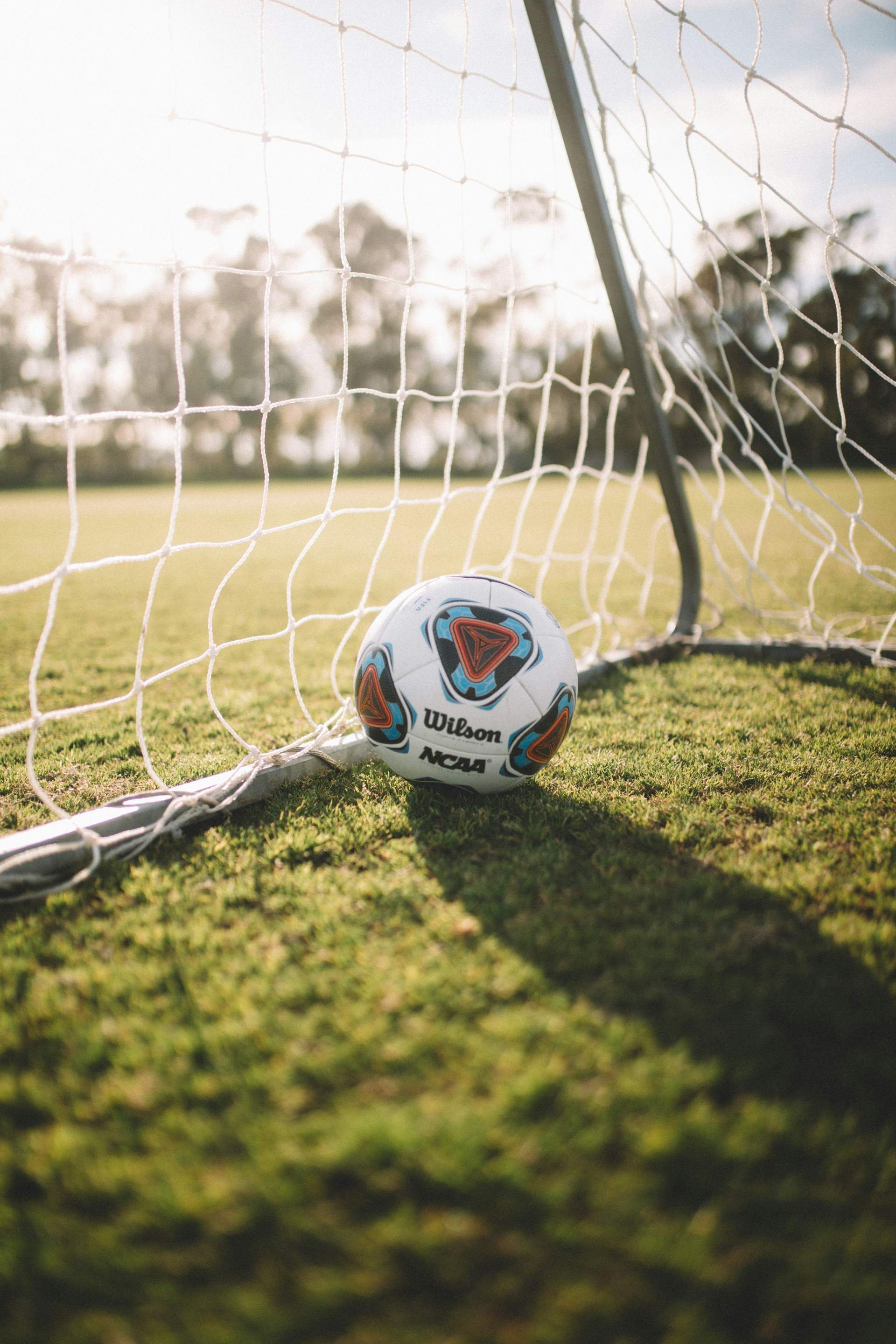 Soccer ball resting against soccer goal net